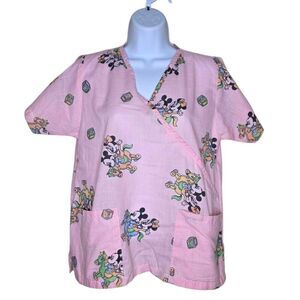 Vintage Disney Babies Mickey Minnie V-neck Scrub Top Womens XS Pink CUTTER